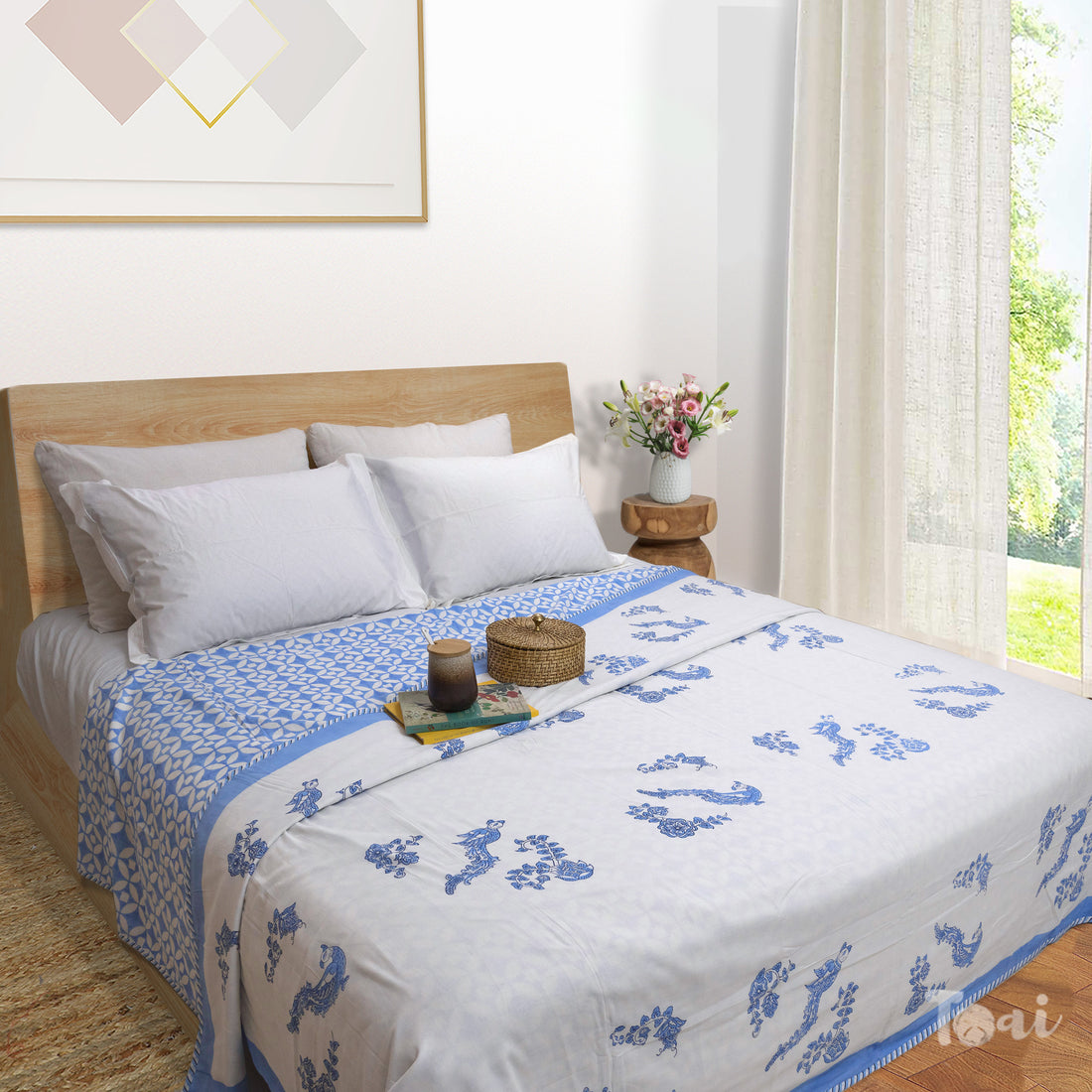 Blue Kalamkari Bird-dohar double bed

