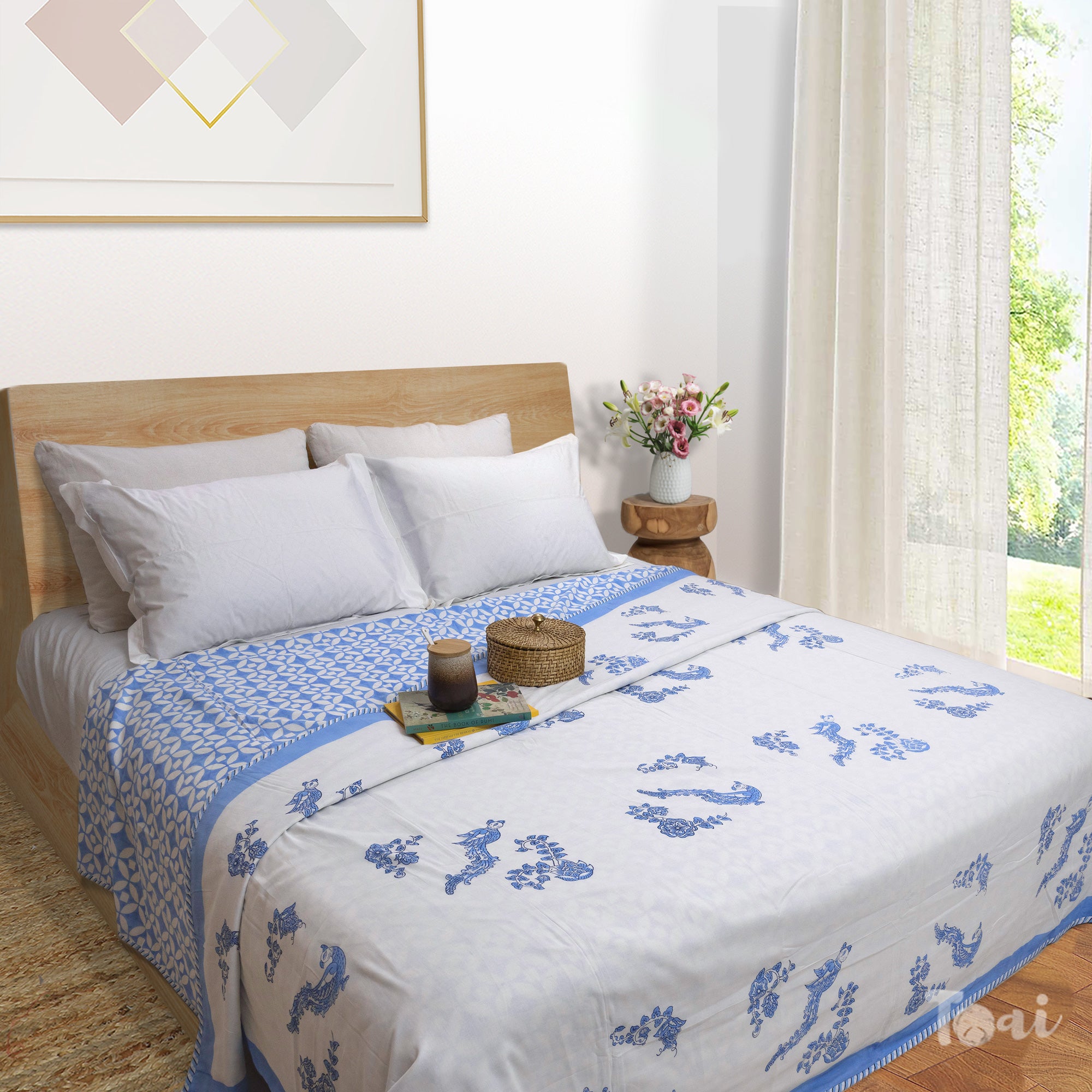 Blue Kalamkari Bird | Dohar | Summer Blanket