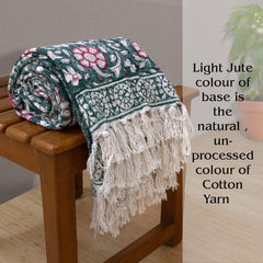 Pink Florals on Green  | Cotton Yarn Sofa Throw