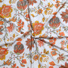 Yellow Orange Florals on White| Jaipuri Screen printed| Single Dohar | Premium Mulmul Cotton | Reversible