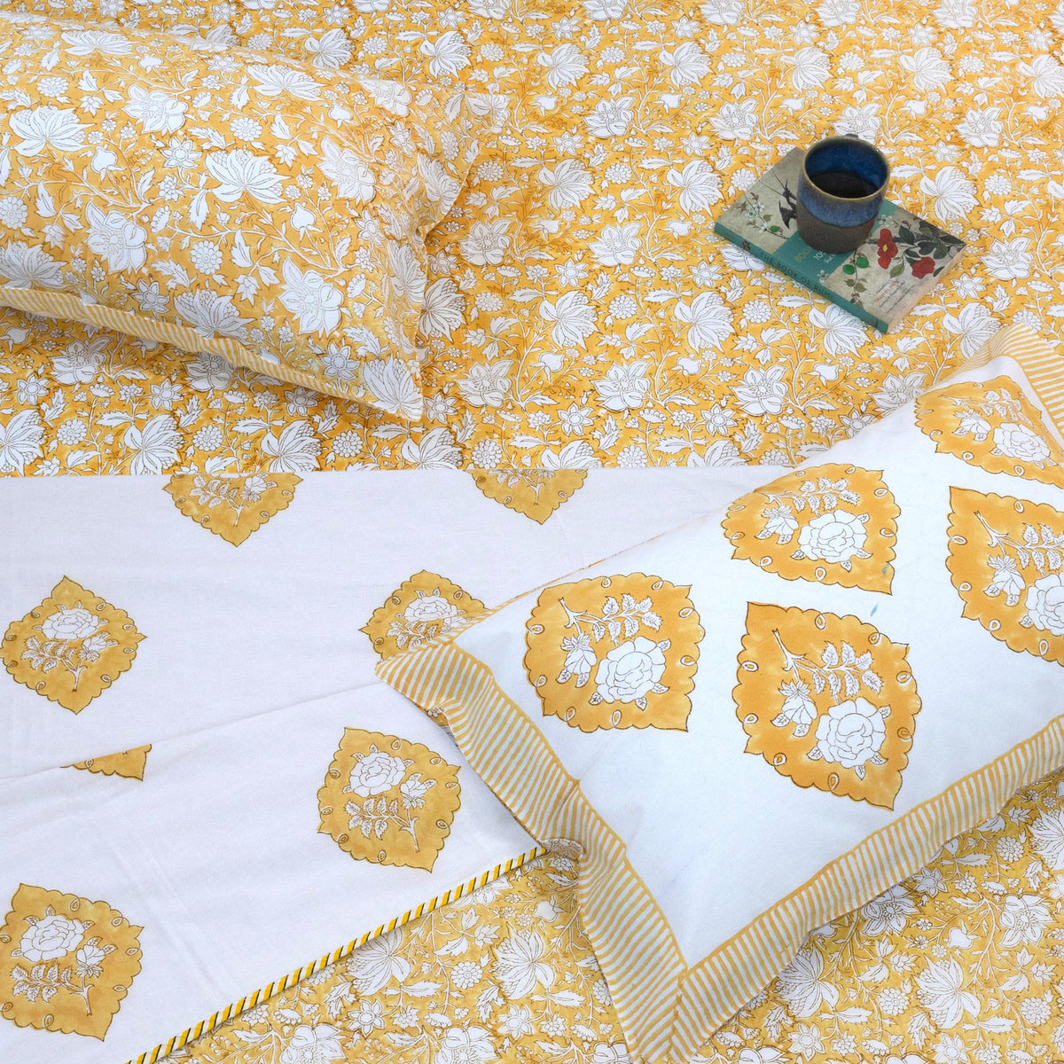 Yellow Kalamkari | All- Season Bedding Set | Long Staple Fiber Bedsheet , Pillow Covers, Dohar