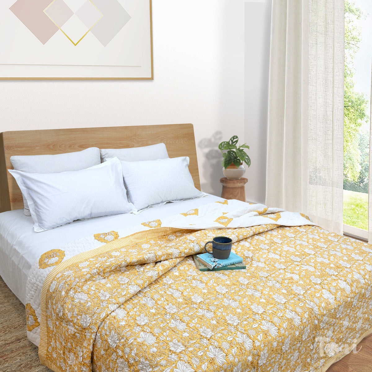 Mustard Yellow Kalamkari | Razai Mulmul Cotton | Cotton Wool Filling