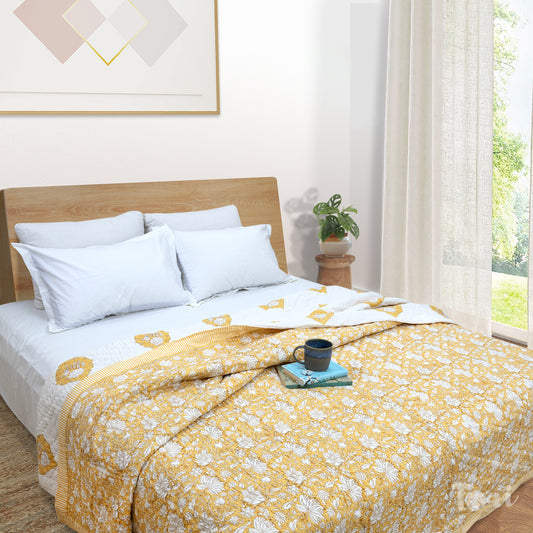 Mustard Yellow Kalamkari | Razai Mulmul Cotton | Cotton Wool Filling