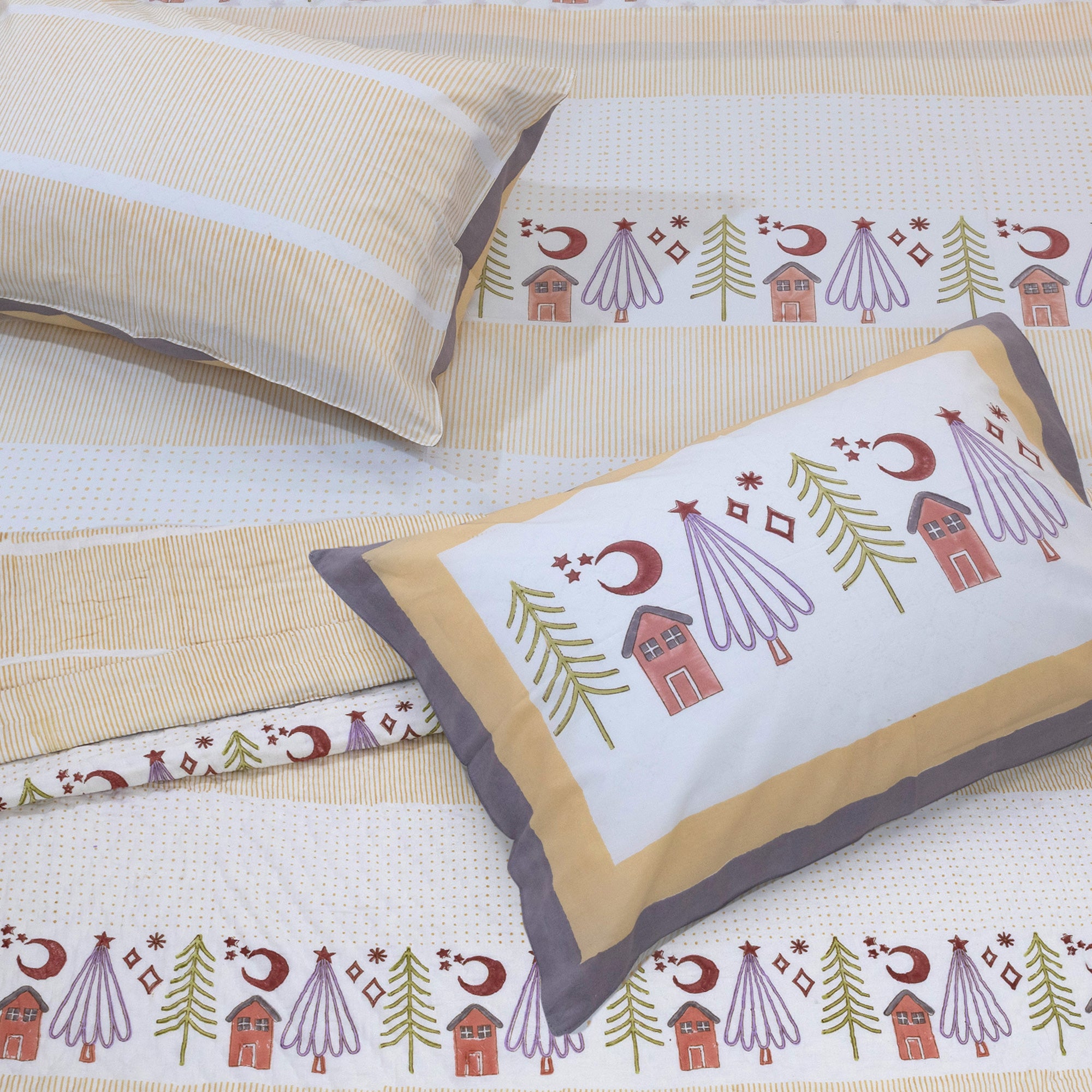 Yellow Polka - Winter Bedsheet with Pillows 