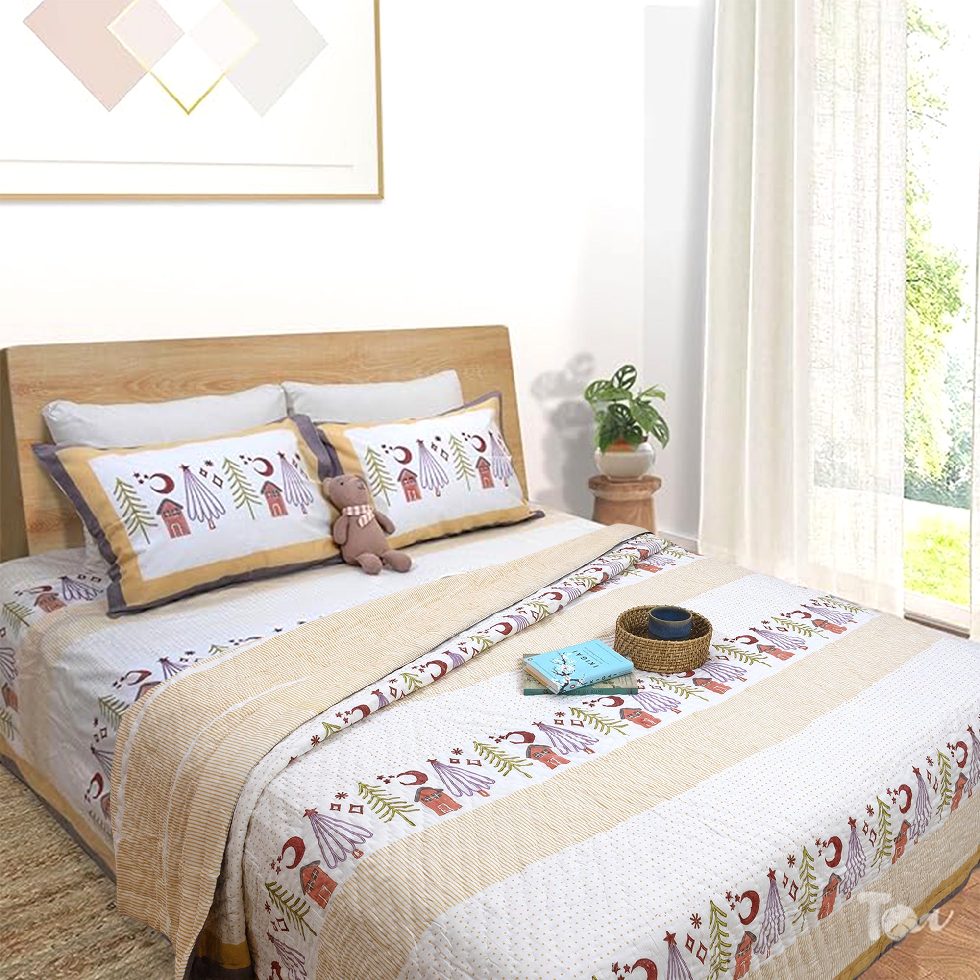 Yellow Polka |Comforter Bedding Set | Premium Bedsheet , Pillow Covers, Quilt / Razai