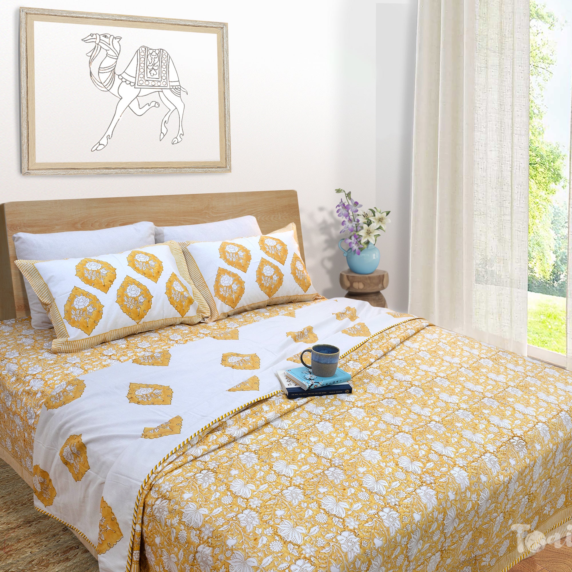 Yellow Kalamkari | All- Season Bedding Set | Long Staple Fiber Bedsheet , Pillow Covers, Dohar