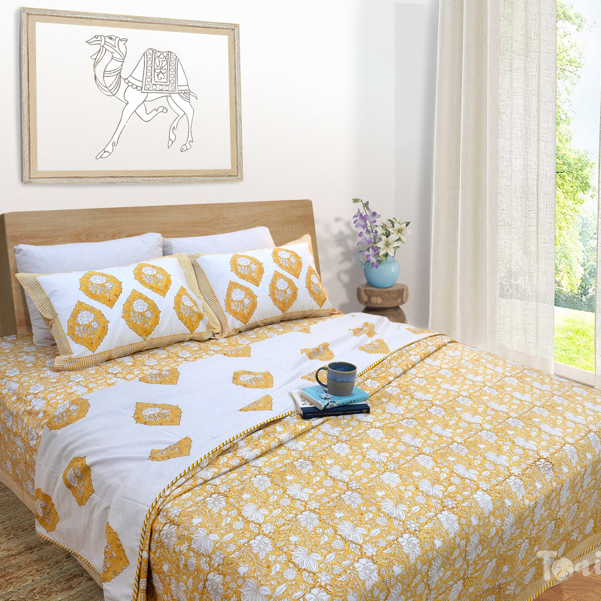 Yellow Kalamkari | All- Season Bedding Set | Long Staple Fiber Bedsheet , Pillow Covers, Dohar
