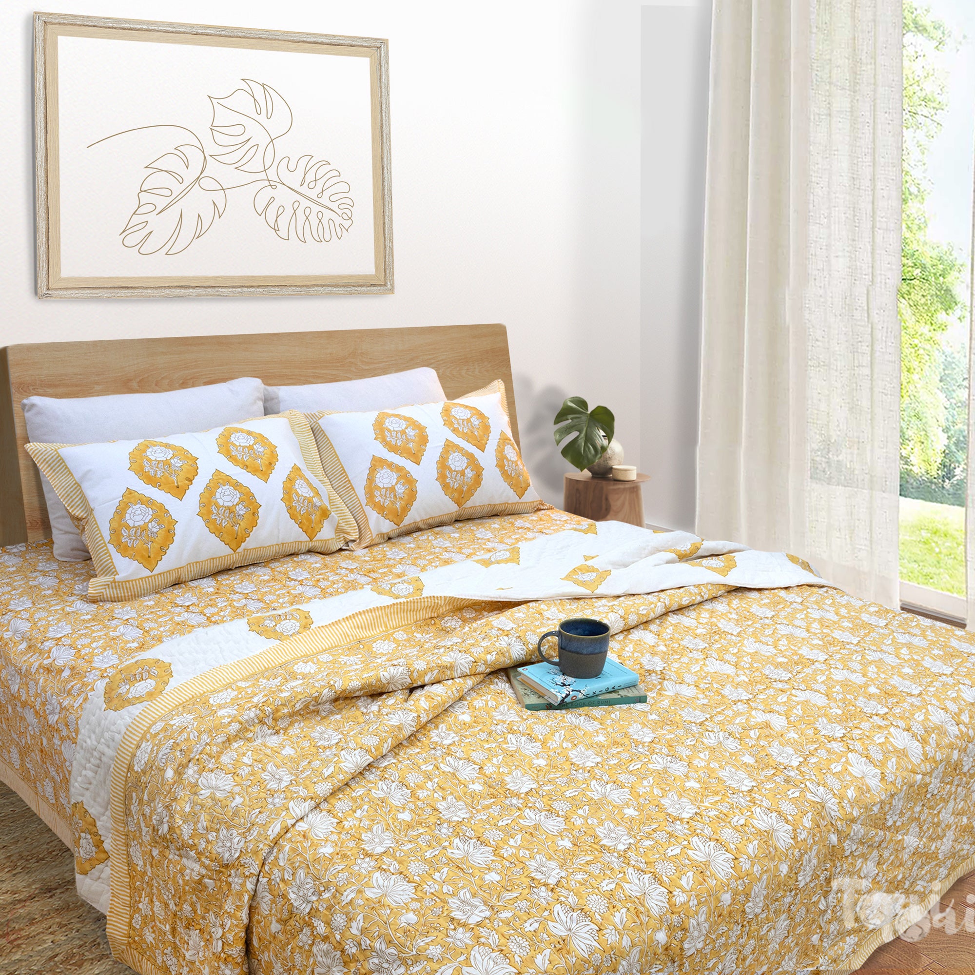 Yellow Kalamkari| Comforter Bedding Set | Premium Bedsheet , Pillow Covers, Quilt / Razai