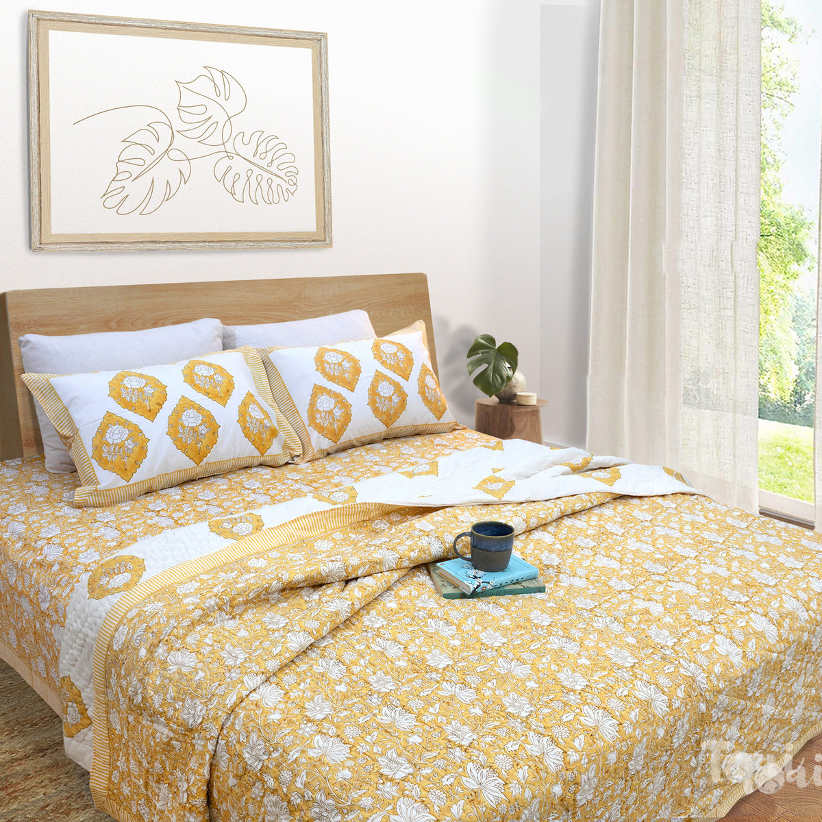 Yellow Kalamkari| Comforter Bedding Set | Premium Bedsheet , Pillow Covers, Quilt / Razai