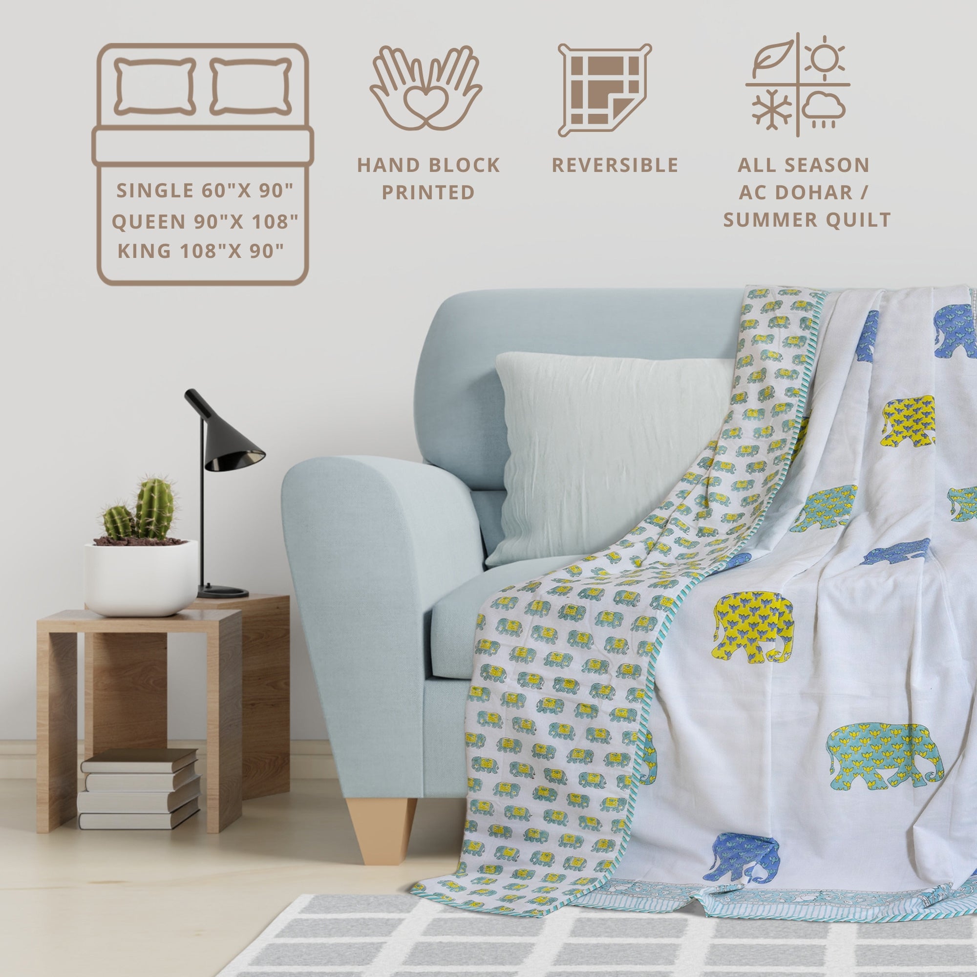 Elephant White Blue Green Yellow | Dohar | Summer Blanket