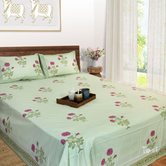 Pink Rose Bush Garden |hand block printed bedsheet| Double bed: Queen size, King Size | 300 TC Premium Pure Cotton| Complementing pillow covers