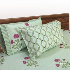 Pink Rose Bush Garden |hand block printed bedsheet| Double bed: Queen size, King Size | 300 TC Premium Pure Cotton| Complementing pillow covers