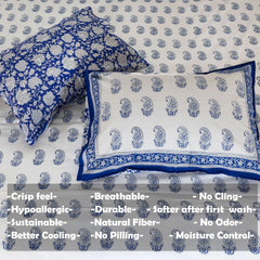 Beautiful Blue Paan Artwork |hand block printed bedsheet| Double bed ,Queen size | 210 TC Pure Cotton| Complementing pillow covers