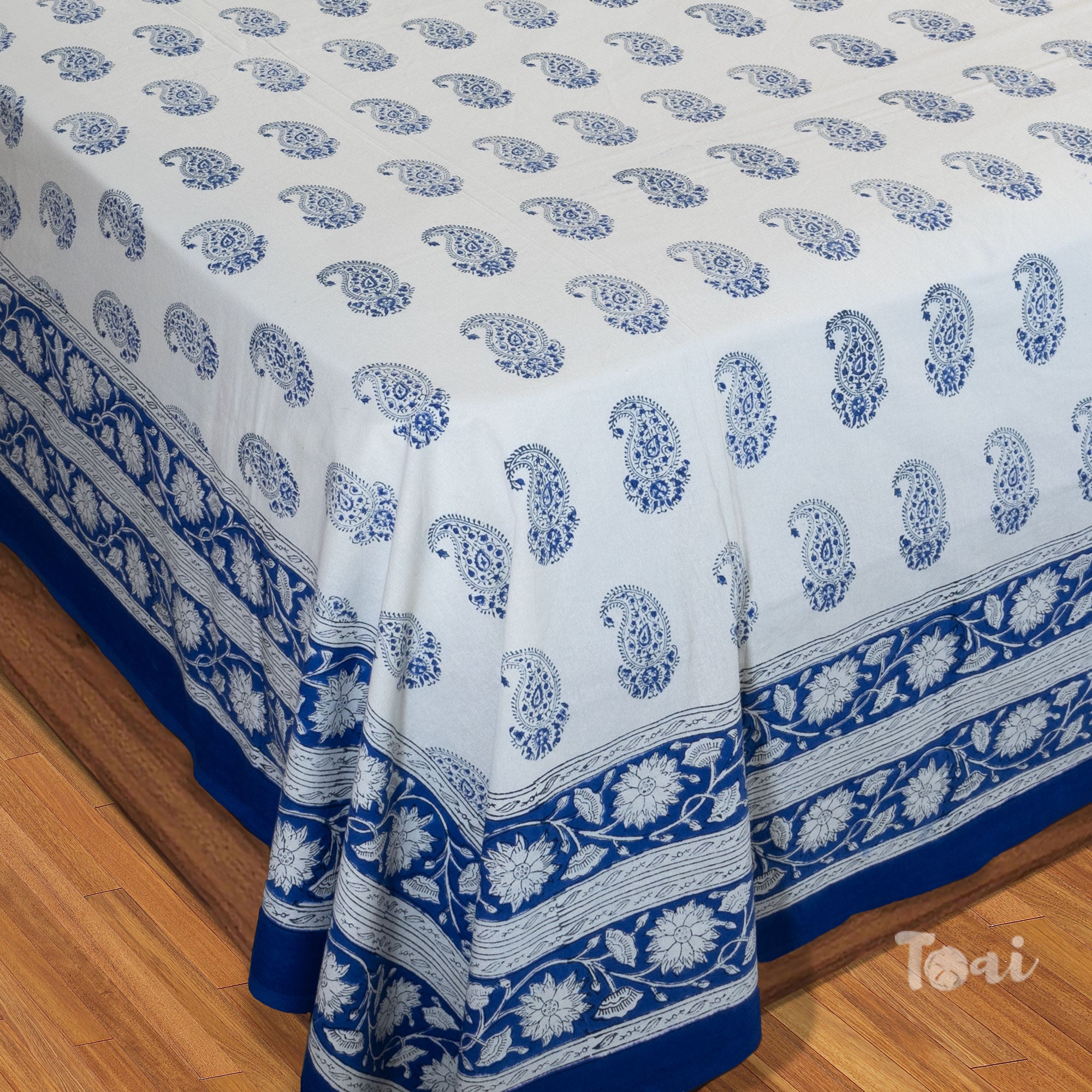 Beautiful Blue Paan Artwork |hand block printed bedsheet| Double bed ,Queen size | 210 TC Pure Cotton| Complementing pillow covers