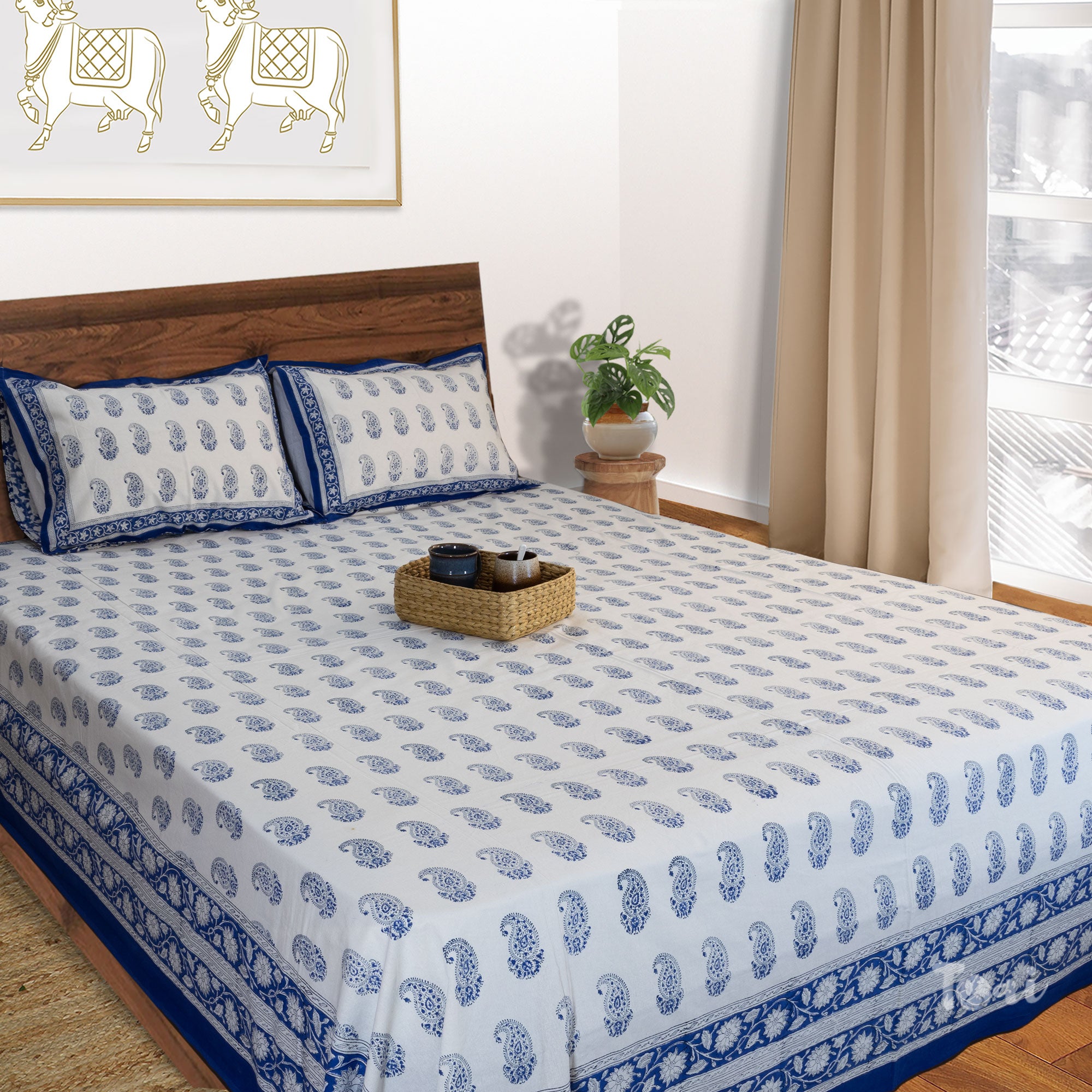 Beautiful Blue Paan Artwork |hand block printed bedsheet| Double bed ,Queen size | 210 TC Pure Cotton| Complementing pillow covers