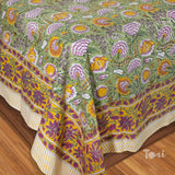 Green Garden |hand block printed bedsheet| Double bed ,Queen size | 210 TC Pure Cotton| Complementing pillow covers