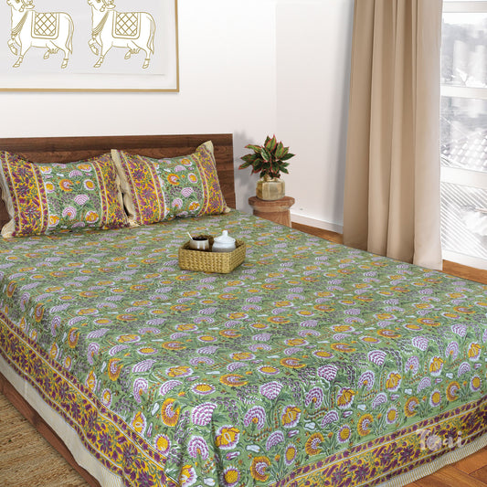 Green Garden |hand block printed bedsheet| Double bed ,Queen size | 210 TC Pure Cotton| Complementing pillow covers