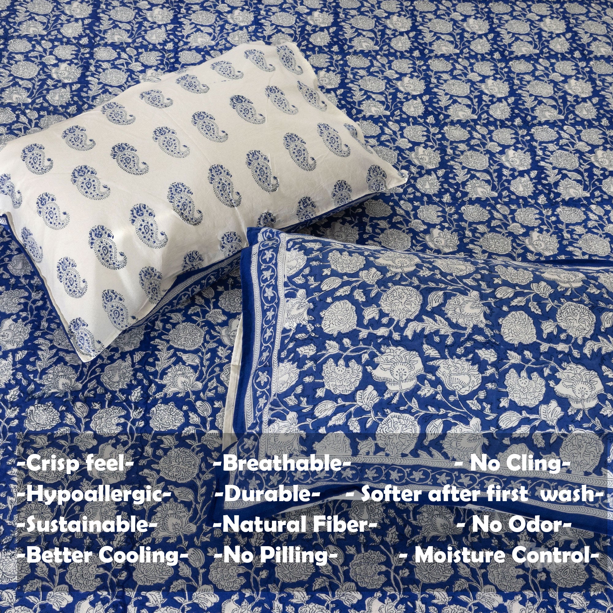 Kalamkari On Blue Night Artwork  |hand block printed bedsheet| Double bed ,Queen size | 210 TC Pure Cotton| Complementing pillow covers