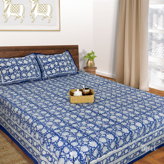 Kalamkari On Blue Night Artwork  |hand block printed bedsheet| Double bed ,Queen size | 210 TC Pure Cotton| Complementing pillow covers