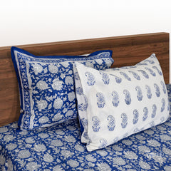 Kalamkari On Blue Night Artwork  |hand block printed bedsheet| Double bed ,Queen size | 210 TC Pure Cotton| Complementing pillow covers