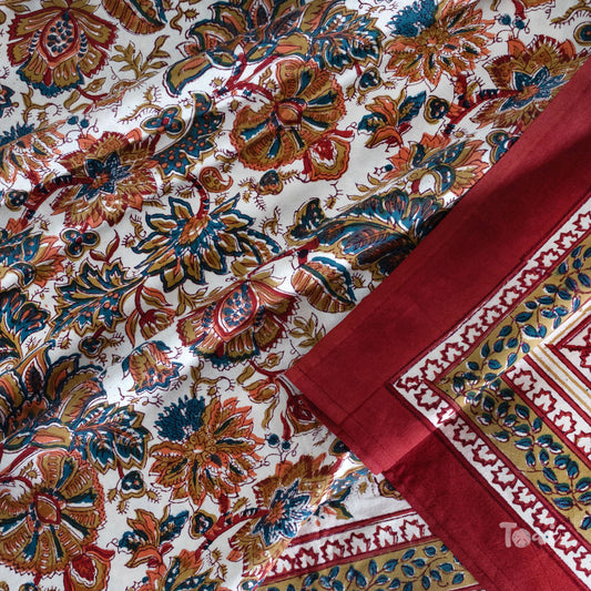 Maroon Blue Florals |hand block printed bedsheet| Double bed ,Queen size | 210 TC Pure Cotton| Complementing pillow covers