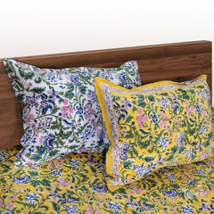 Yellow Garden |hand block printed bedsheet| Double bed ,Queen size | 210 TC Pure Cotton| Complementing pillow covers