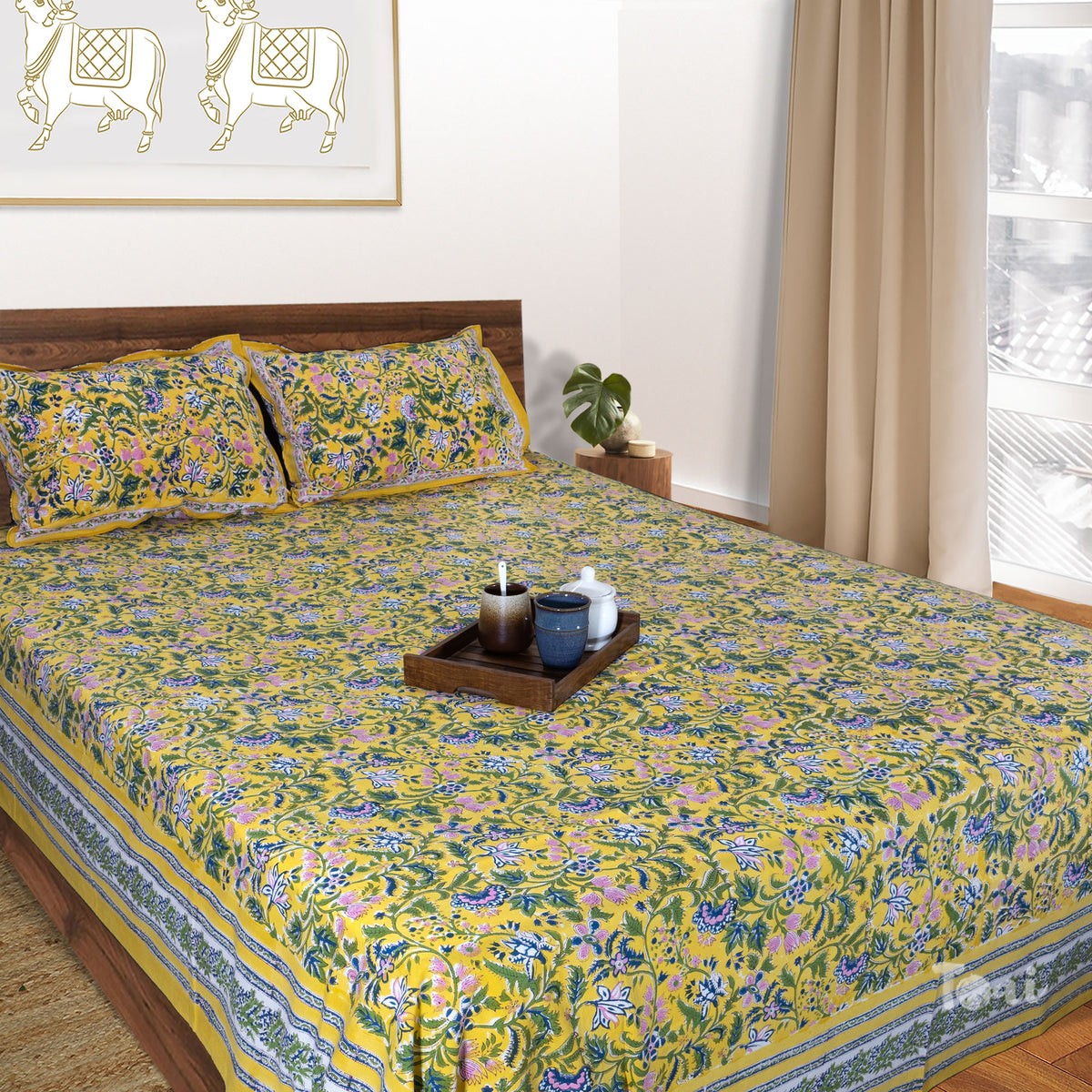 Yellow Garden |hand block printed bedsheet| Double bed ,Queen size | 210 TC Pure Cotton| Complementing pillow covers