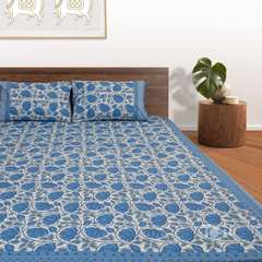 Blue Lotus On White |hand screen printed bedsheet| Double bed ,Queen size | 250 TC Pure Cotton| Complementing pillow covers