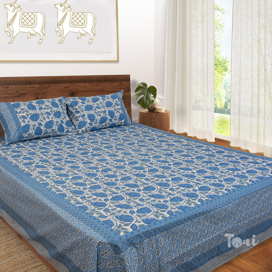 Blue Lotus On White |hand screen printed bedsheet| Double bed ,Queen size | 250 TC Pure Cotton| Complementing pillow covers