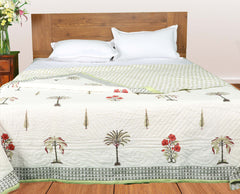 Cyprus Leaves Palm Trees| Quilt / Razai / lihaaf |Jaipuri hand block printed|Size Double| Premium Mulmul Cotton| Organic Cotton Filling |Premium hand quilted | Reversible