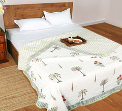 Cyprus Leaves Palm Trees| Quilt / Razai / lihaaf |Jaipuri hand block printed|Size Double| Premium Mulmul Cotton| Organic Cotton Filling |Premium hand quilted | Reversible