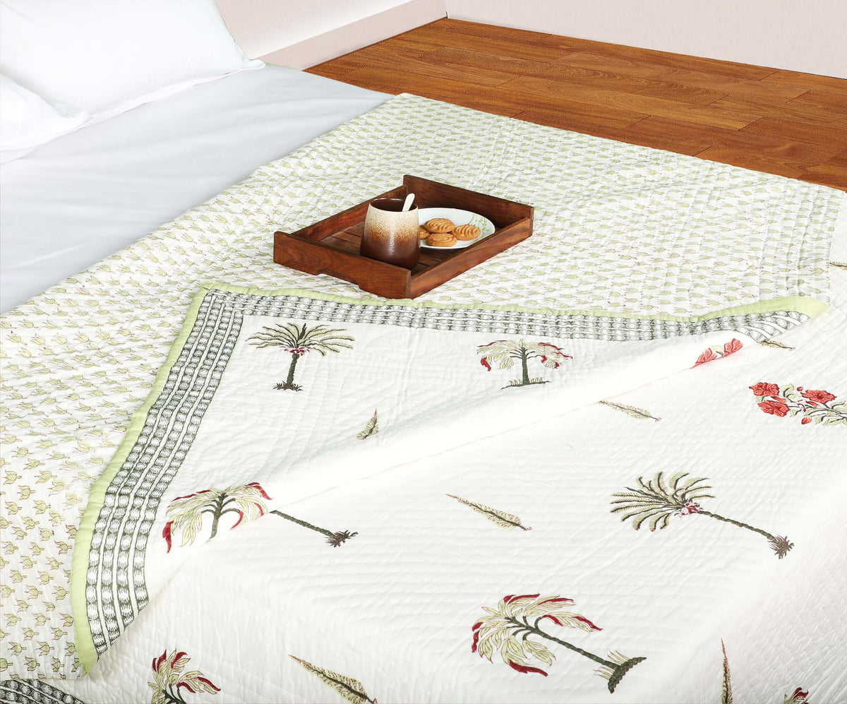 Cyprus Leaves Palm Trees| Quilt / Razai / lihaaf |Jaipuri hand block printed|Size Double| Premium Mulmul Cotton| Organic Cotton Filling |Premium hand quilted | Reversible