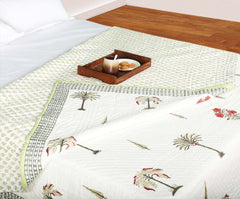 Cyprus Leaves Palm Trees| Quilt / Razai / lihaaf |Jaipuri hand block printed|Size Double| Premium Mulmul Cotton| Organic Cotton Filling |Premium hand quilted | Reversible