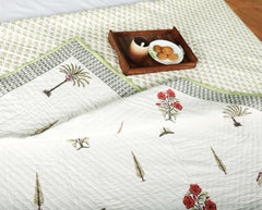 Cyprus Leaves Palm Trees| Quilt / Razai / lihaaf |Jaipuri hand block printed|Size Double| Premium Mulmul Cotton| Organic Cotton Filling |Premium hand quilted | Reversible