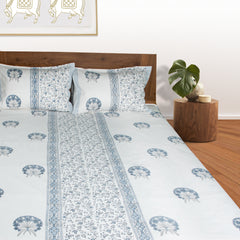 Blue Round Flowers |hand block printed bedsheet| Double bed- Queen size| Premium Linen| Complementing pillow covers