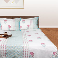 Pink Flowers With Geometric Patterns |hand block printed bedsheet| Double bed- Queen size | Premium Linen| Complementing pillow covers