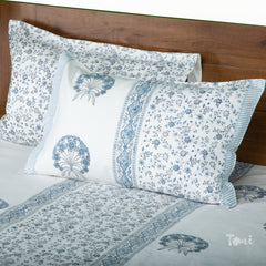 Blue Round Flowers |hand block printed bedsheet| Double bed- Queen size| Premium Linen| Complementing pillow covers