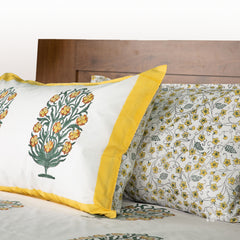 Yellow-Marigold-Motive |hand block printed bedsheet| Double bed: Queen size, King Size | 300 TC Premium Pure Cotton| Complementing pillow covers