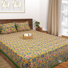Summer inspired Garden Artwork |hand block printed bedsheet| Double bed ,Queen size | 210 TC Pure Cotton| Complementing pillow covers
