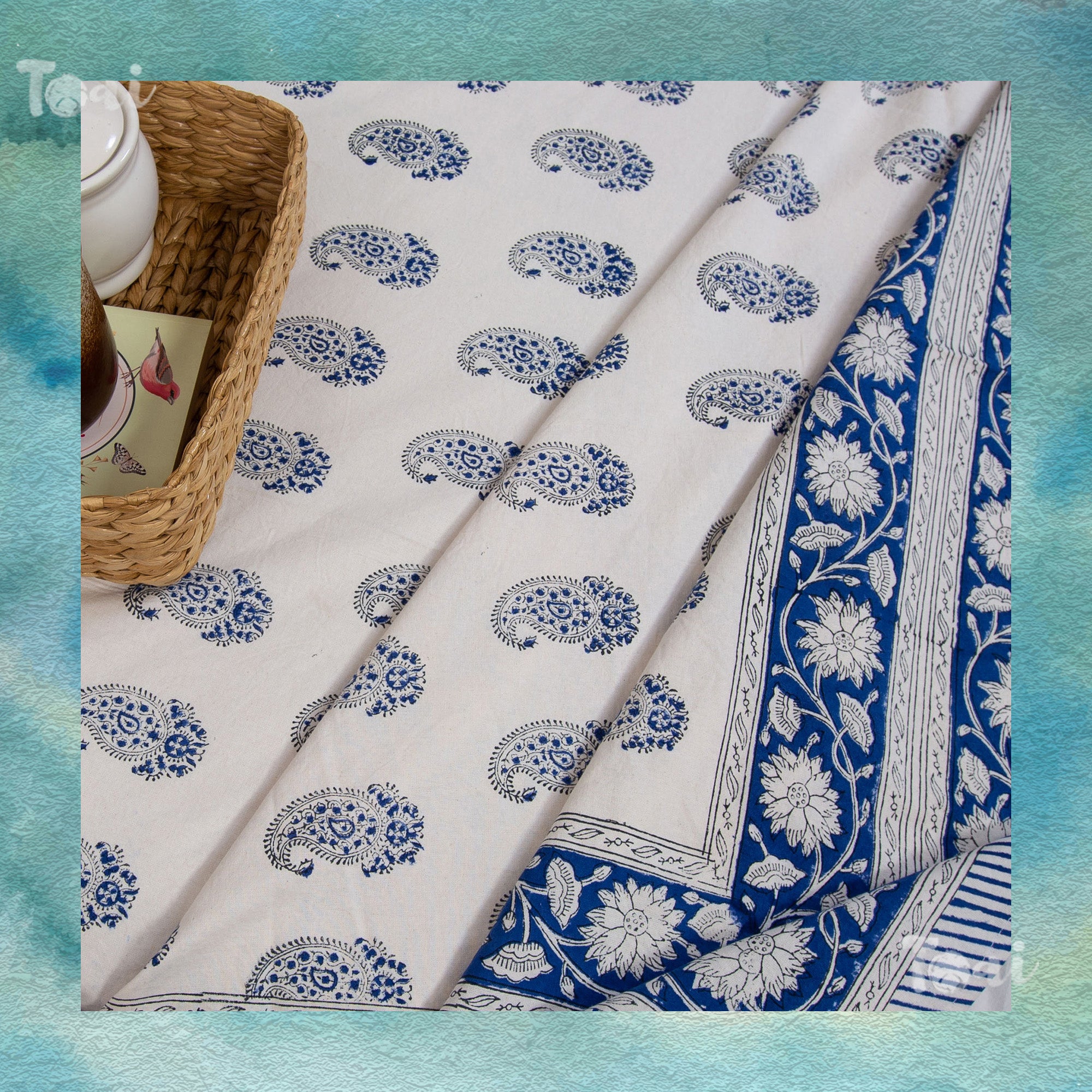 Beautiful Blue Paan Artwork |hand block printed bedsheet| Double bed ,Queen size | 210 TC Pure Cotton| Complementing pillow covers