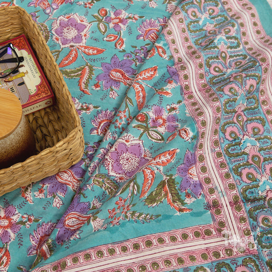 Delicate Bageecha On Green Artwork |hand block printed bedsheet| Double bed ,Queen size | 210 TC Pure Cotton| Complementing pillow covers