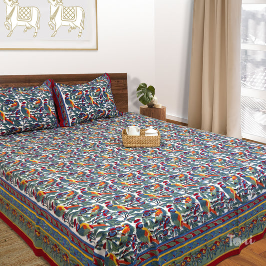 Forest Of Parrots Artwork |hand block printed bedsheet| Double bed ,Queen size | 210 TC Pure Cotton| Complementing pillow covers