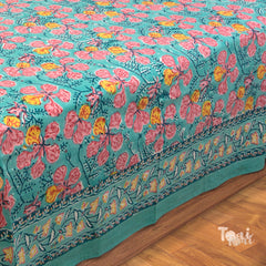 Gulmoher On Green Design |hand block printed bedsheet| Double bed ,Queen size | 210 TC Pure Cotton| Complementing pillow covers