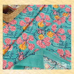 Gulmoher On Green Design |hand block printed bedsheet| Double bed ,Queen size | 210 TC Pure Cotton| Complementing pillow covers