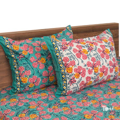 Gulmoher On Green Design |hand block printed bedsheet| Double bed ,Queen size | 210 TC Pure Cotton| Complementing pillow covers