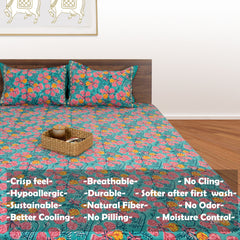 Gulmoher On Green Design |hand block printed bedsheet| Double bed ,Queen size | 210 TC Pure Cotton| Complementing pillow covers