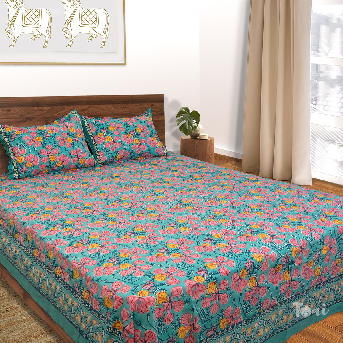 Gulmoher On Green Design |hand block printed bedsheet| Double bed ,Queen size | 210 TC Pure Cotton| Complementing pillow covers