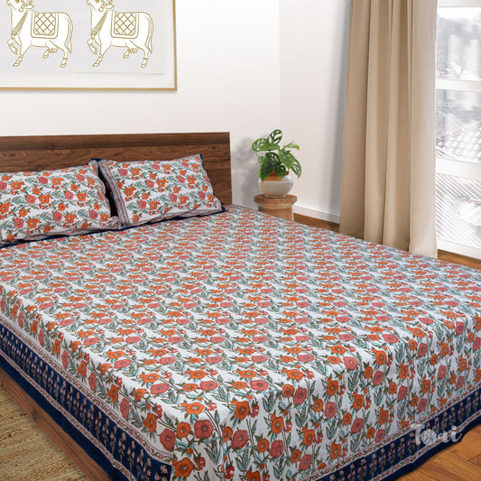 Morning Flower Field Artwork |hand block printed bedsheet| Double bed ,Queen size | 210 TC Pure Cotton| Complementing pillow covers