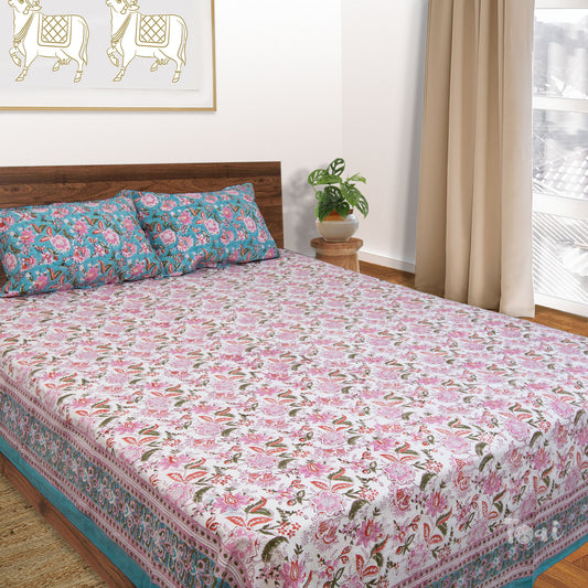 Morning Traditional Bageecha Artwork  |hand block printed bedsheet| Double bed ,Queen size | 210 TC Pure Cotton| Complementing pillow covers