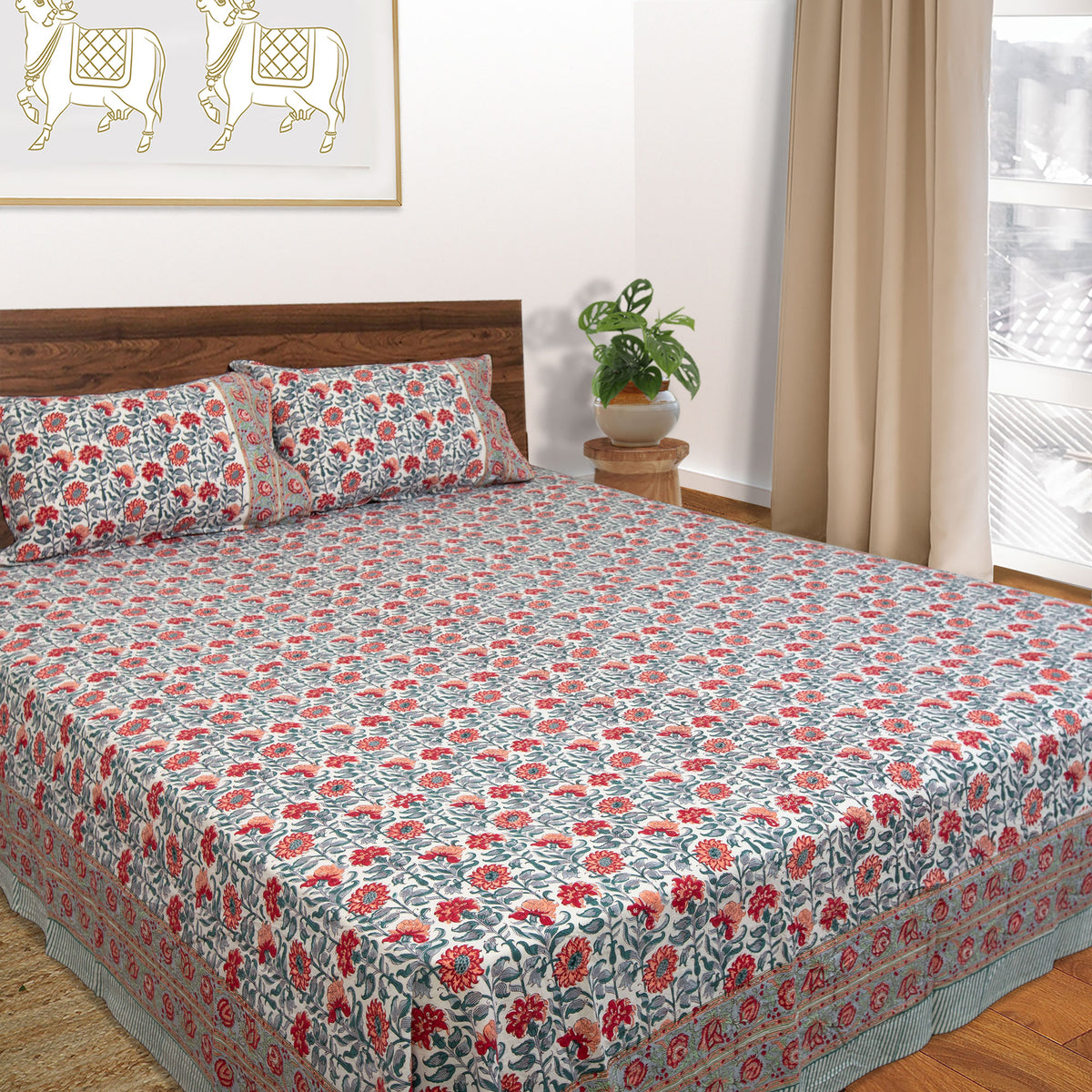 Peach Flower Vines Artwork  |hand block printed bedsheet| Double bed ,Queen size | 210 TC Pure Cotton| Complementing pillow covers